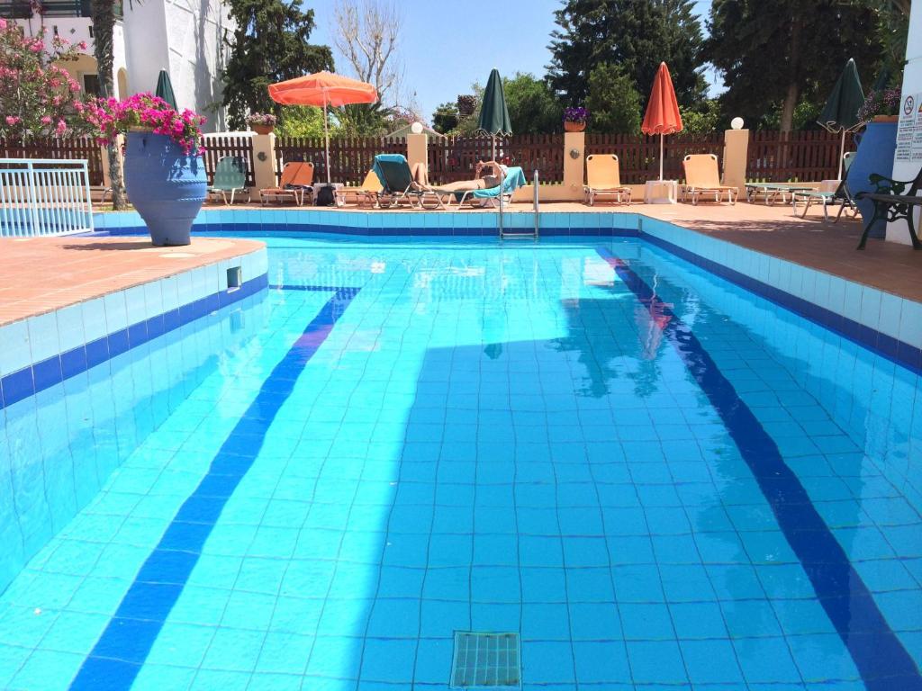 普拉坦斯Bueno Hotel的蓝色的游泳池,水中的人