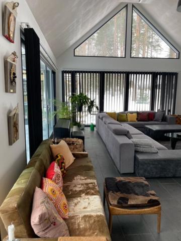 凯尔赛迈基Guesthouse Kärsämäki的带沙发和大窗户的客厅