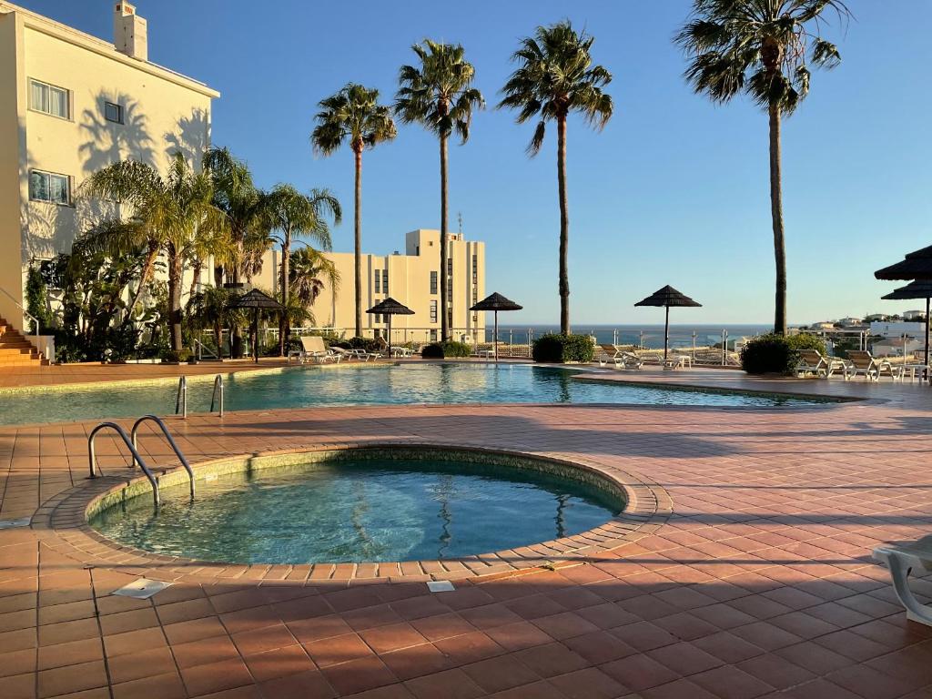 拉戈斯Ocean View Apartment的度假村内棕榈树游泳池