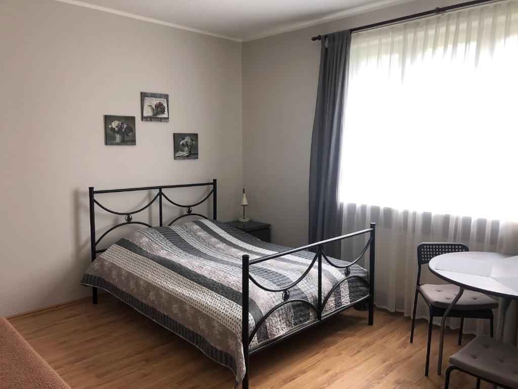 格但斯克Noclegi Gdańsk Pokoje Gościnne的一间卧室配有一张床、一张桌子和一个窗户。