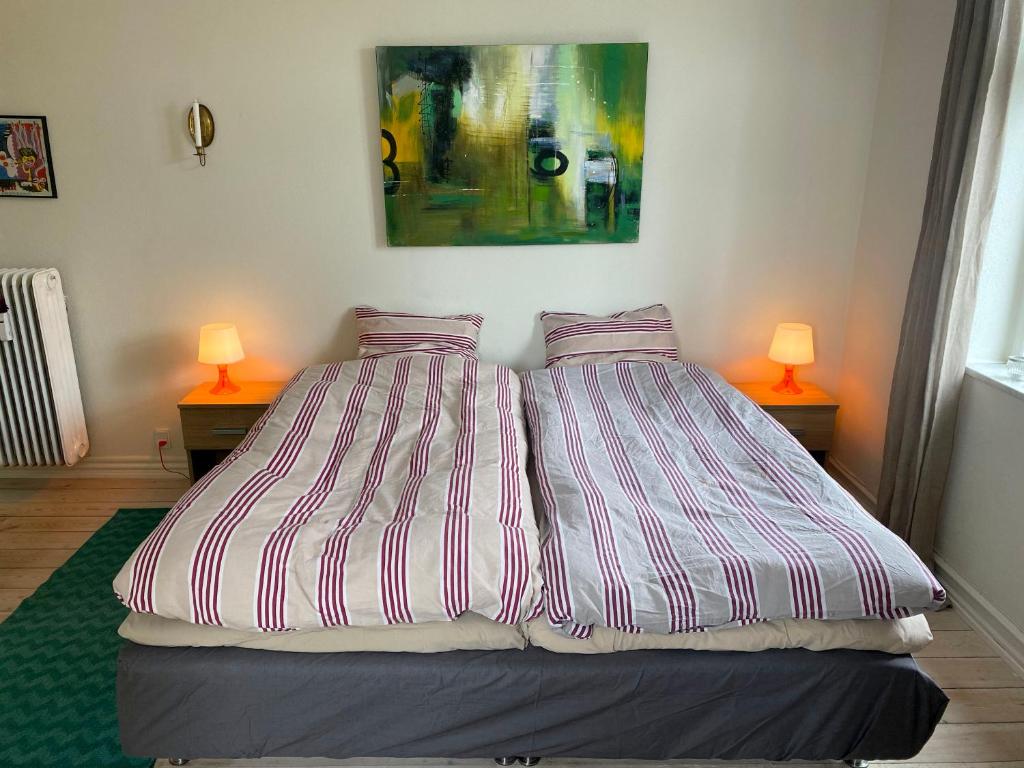 兰讷斯Goodnight Randers的一间卧室设有两张床,两盏台灯放在两张桌子上