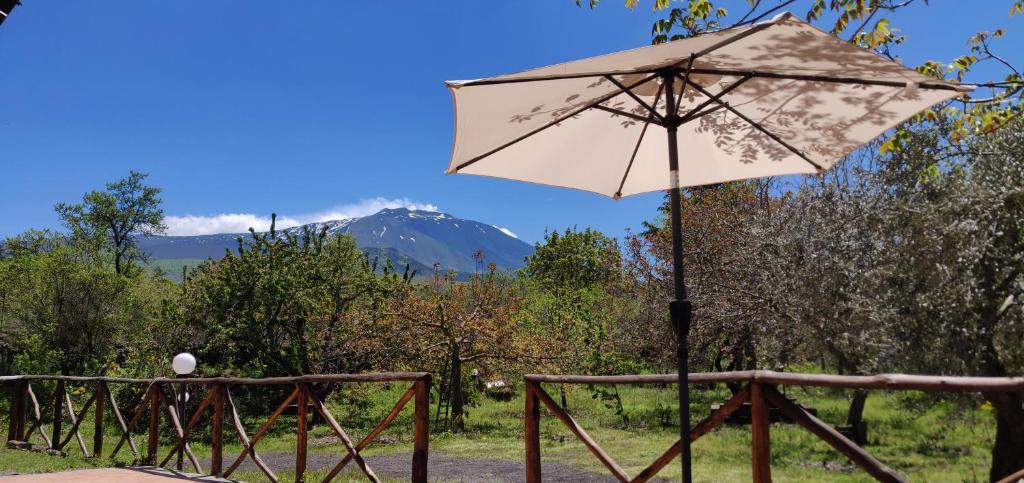 MalettoMount Etna Chalet的桌子上的伞,背靠山