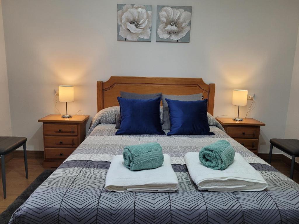 ArráyozGamioa-ttiki的一间卧室配有一张带蓝色枕头和毛巾的床。