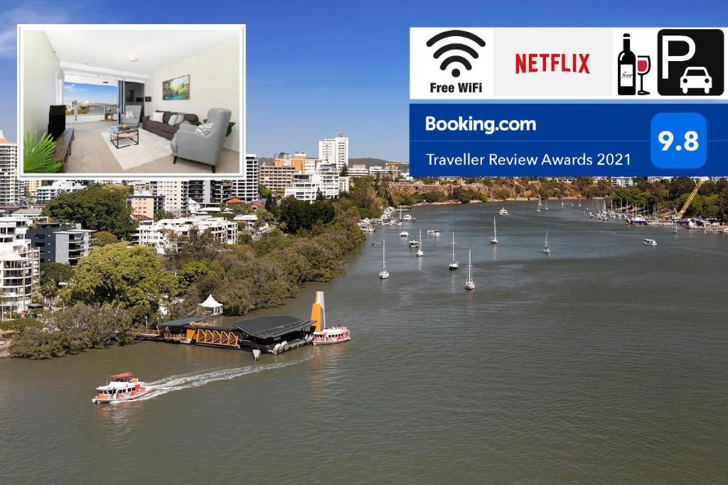 布里斯班Amazing River View - 3 Bedroom Apartment - Brisbane CBD - Netflix - Fast Wifi - Carpark的享有河流和水中船只的景色