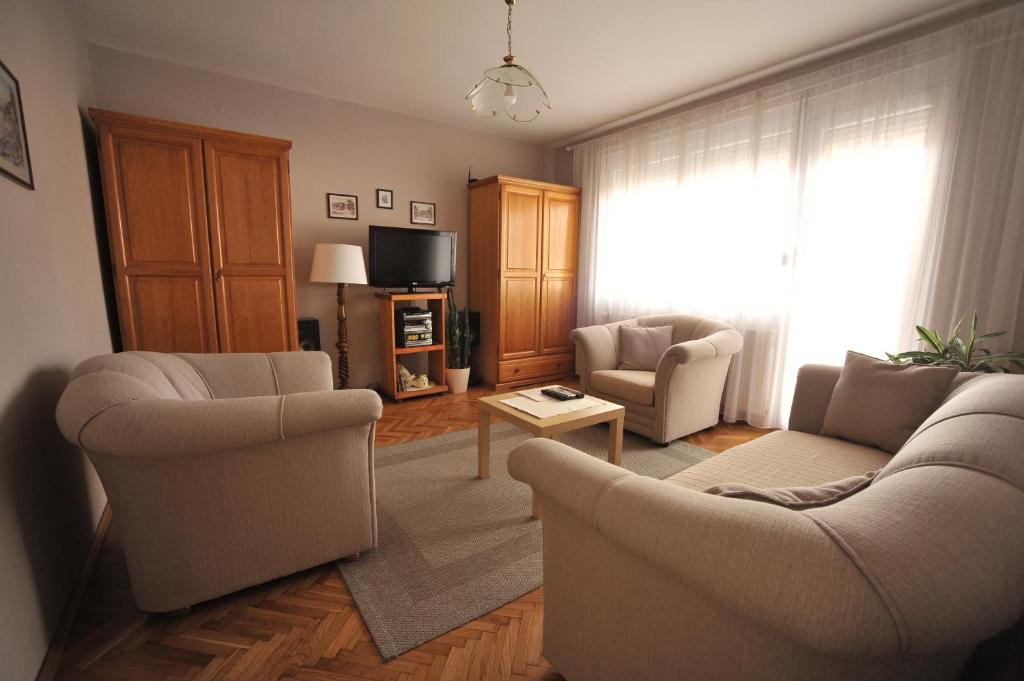 皮罗特Apartman Rada的客厅配有两把椅子和电视