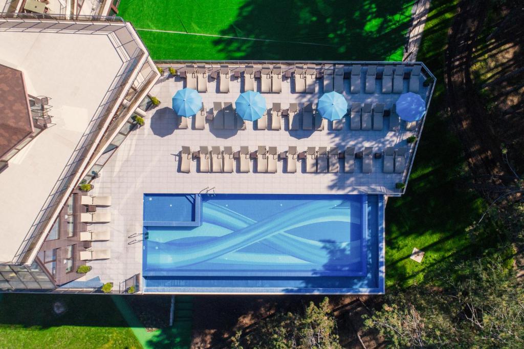韦林格勒Villa Dea & Villa Ina - Villas & SPA Park in Velingrad的蓝色建筑的空中景观
