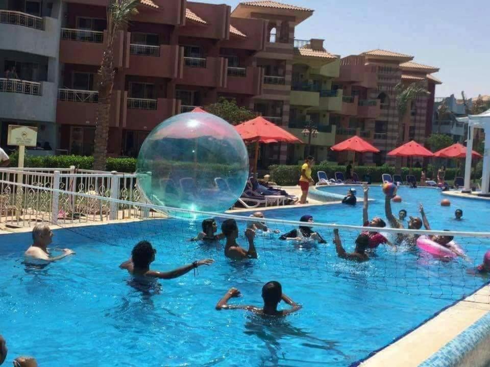 艾因苏赫纳شاليهات بورتو ساوث بيتش عائلات的一群人在游泳池里,在水中放着一个大球