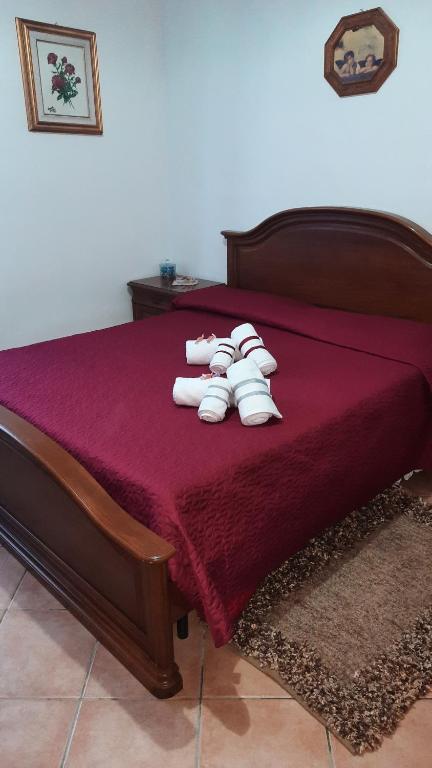 尼扎蒙费拉托Appartamento Giulia的一间卧室配有红色床单和白色毛巾。