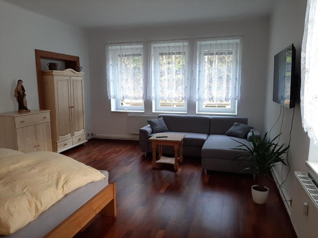 维特科维采Apartmán vila Vítkovice的客厅设有蓝色的沙发和窗户。