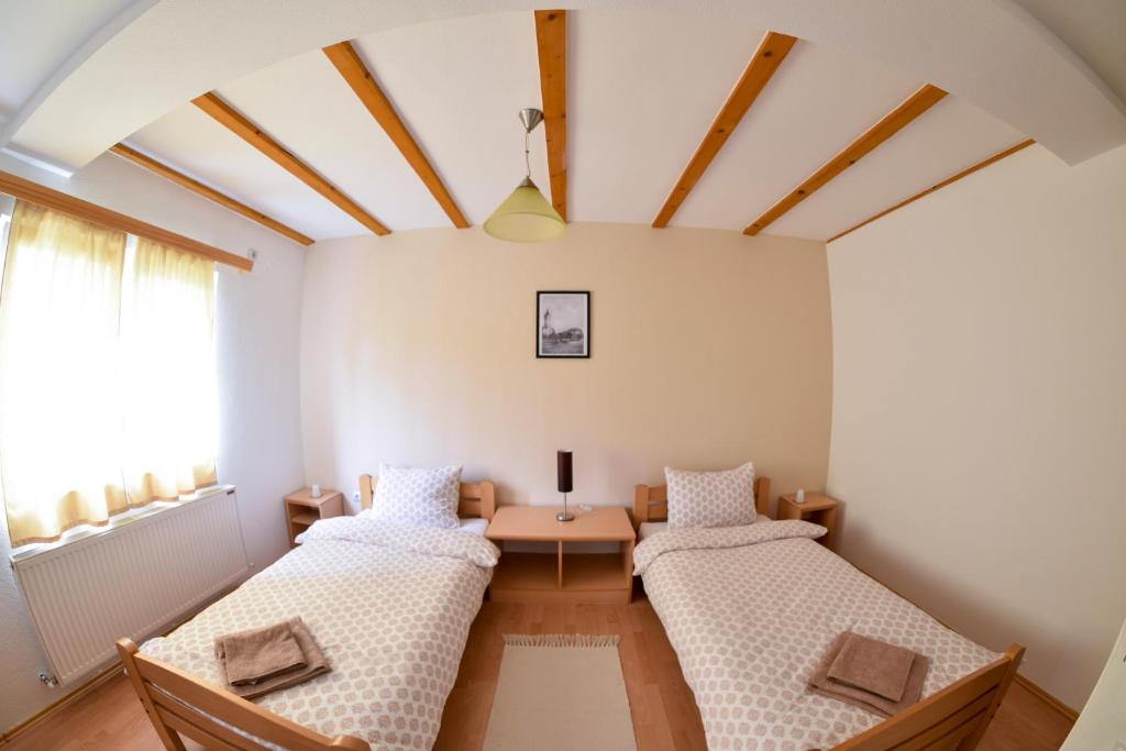 彼得罗瓦茨纳米拉维Sobe Zlatnik的配有桌子和窗户的客房内的两张床
