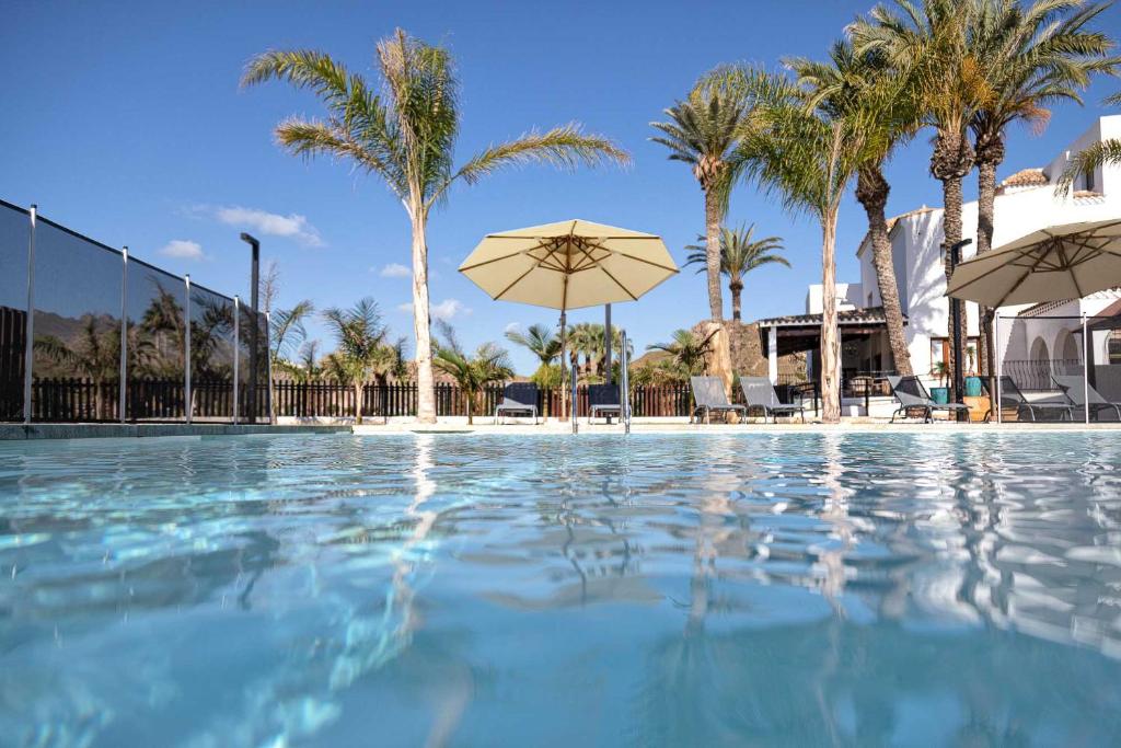 莫哈卡尔Jardines de la Mata Boutique Beach的一个带遮阳伞和棕榈树的游泳池