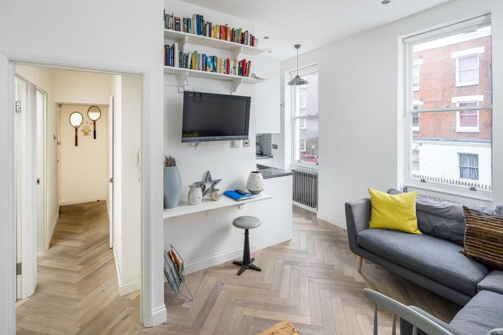 伦敦Amazing Cosy Central London Apartment 3 mins to Marylebone的客厅配有沙发和墙上的电视