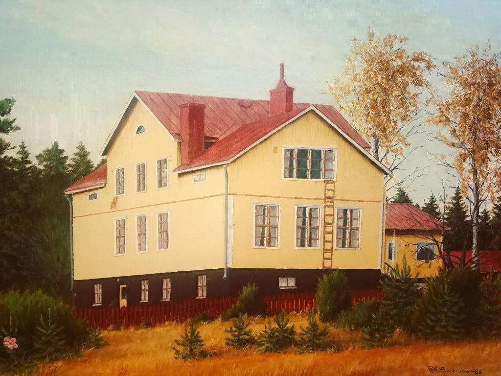 瑙沃Villa Vintage B&B的红色屋顶的白色房子的画