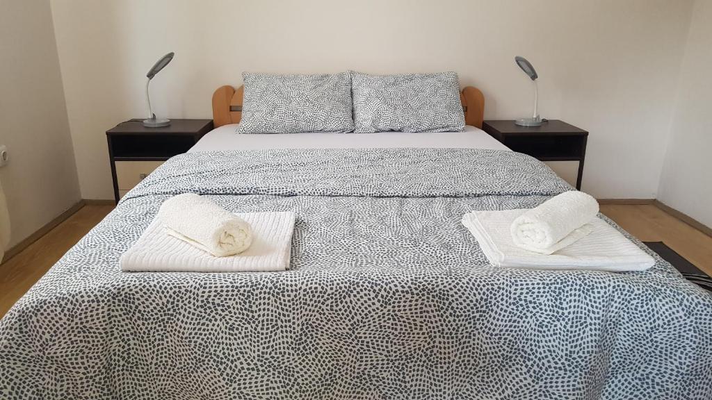巴伊纳巴什塔Apartman Jovanović的一间卧室配有一张床,上面有两条毛巾