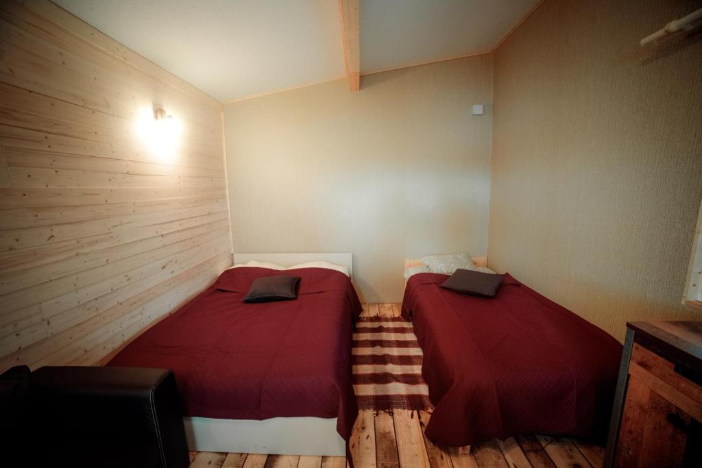 科克尼斯Rijnieki upes namiņš的铺有木地板的小客房内的两张床