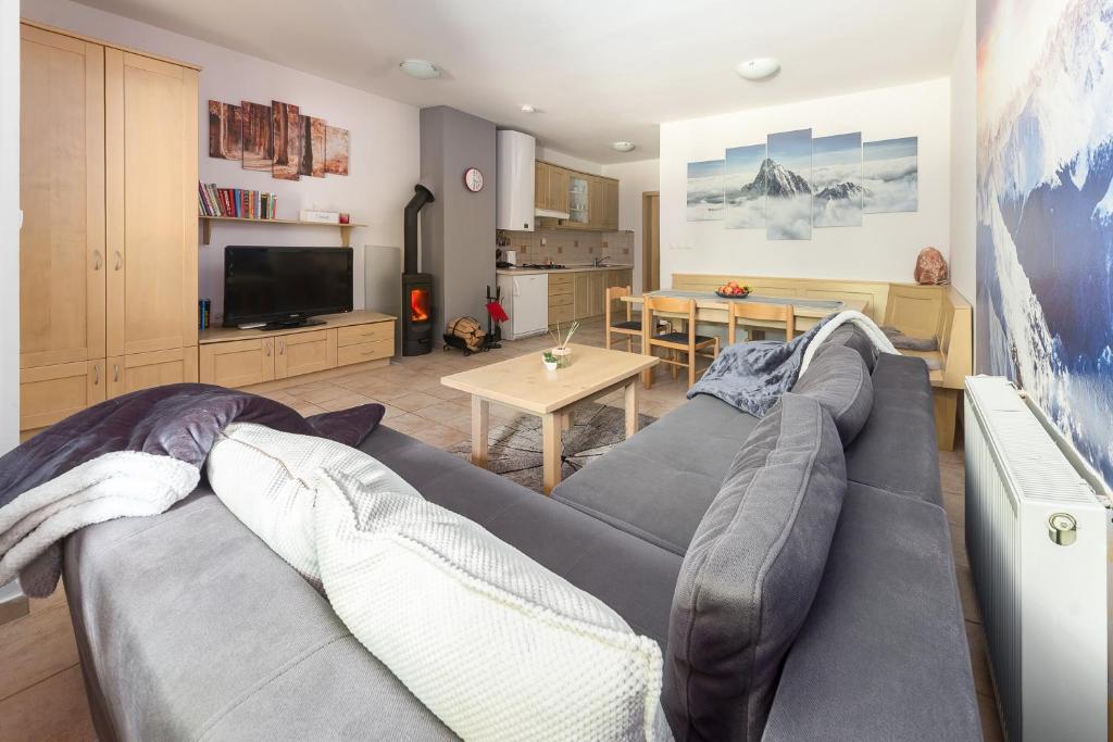 兹雷切Peaceful Rogla Apartment的客厅配有灰色的沙发和桌子
