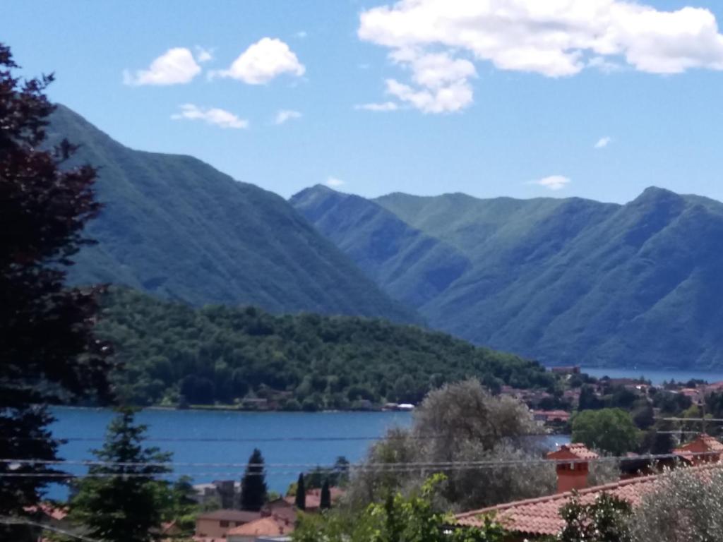 特雷梅佐Residence Belvedere Apartment Bolvedro的享有以山脉为背景的湖泊美景