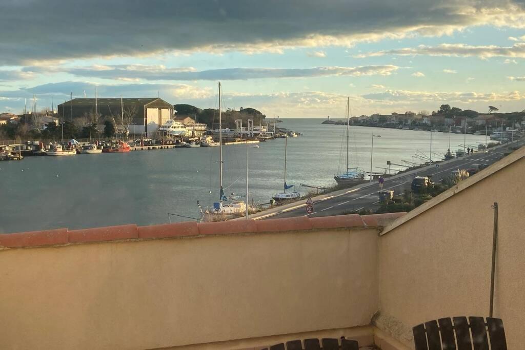 阿格德Appartement calme vue sur l'hérault et la mer的享有码头和水中船只的景色