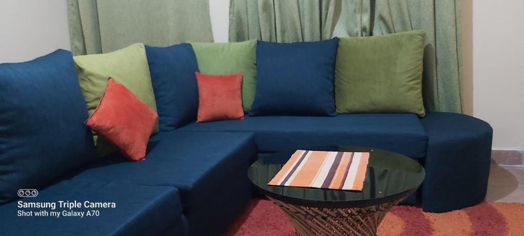 奈瓦沙Annettes Place的一张带色彩缤纷的枕头和桌子的蓝色沙发