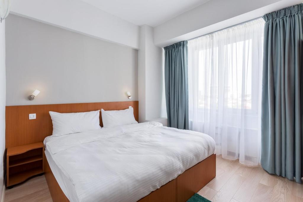 布加勒斯特埃利泽酒店的一间卧室设有一张床和一个大窗户