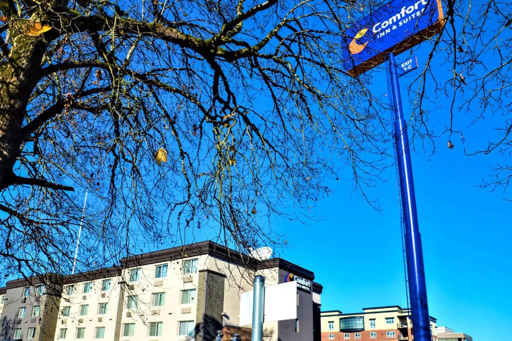 温哥华Comfort Inn & Suites Vancouver Downtown City Center的建筑前的蓝色街道标志