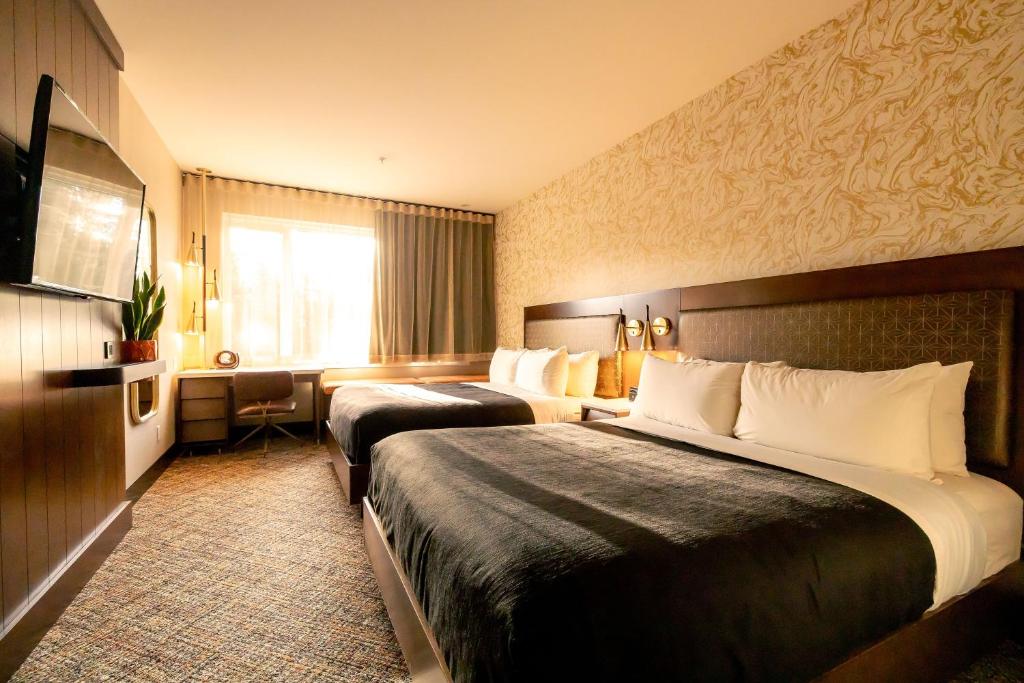 托菲诺Hotel Zed Tofino的酒店客房设有两张床和窗户。