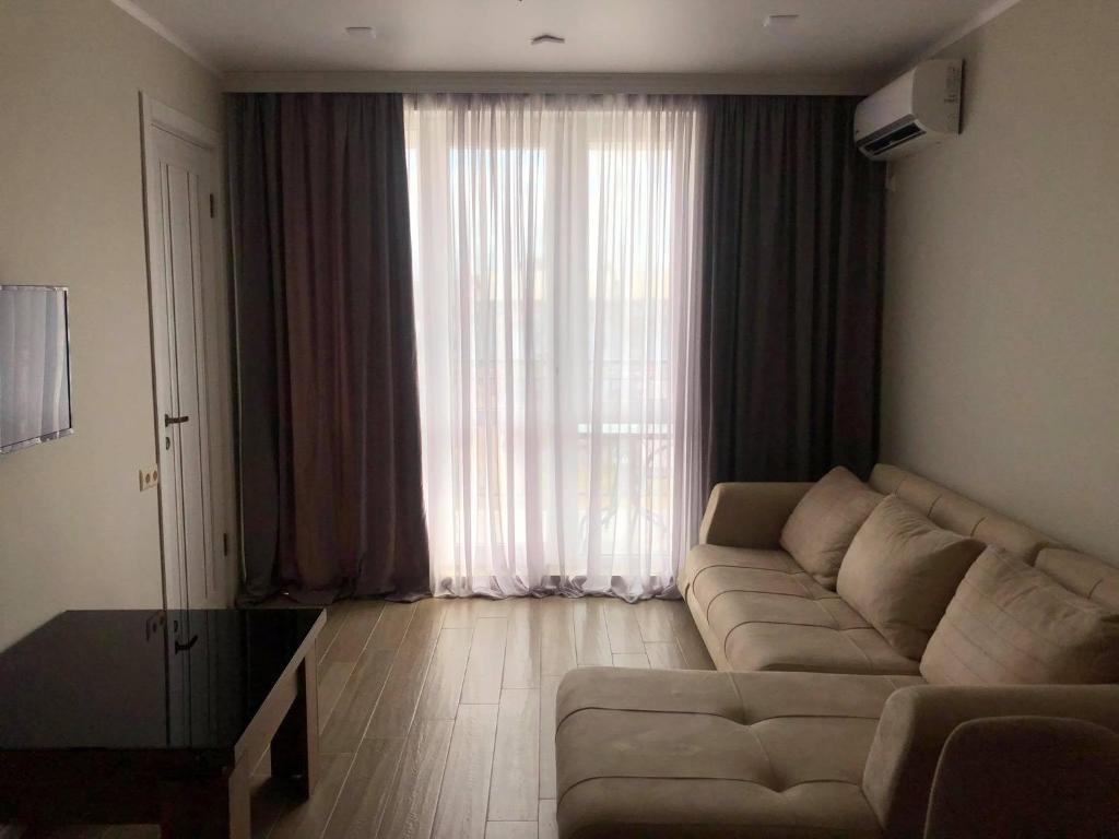 科布列季Maritas apartament的带沙发和大窗户的客厅