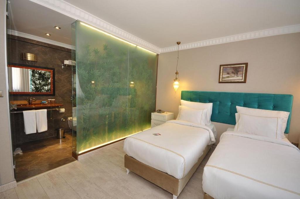 伊斯坦布尔老城尼亚套房酒店的一间卧室设有两张床和玻璃淋浴间