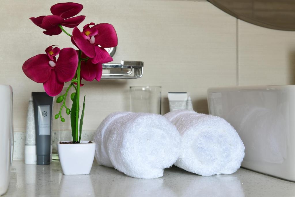 鲁德普特RNB Guesthouse的紫色花卉厨房柜台上的两卷毛巾