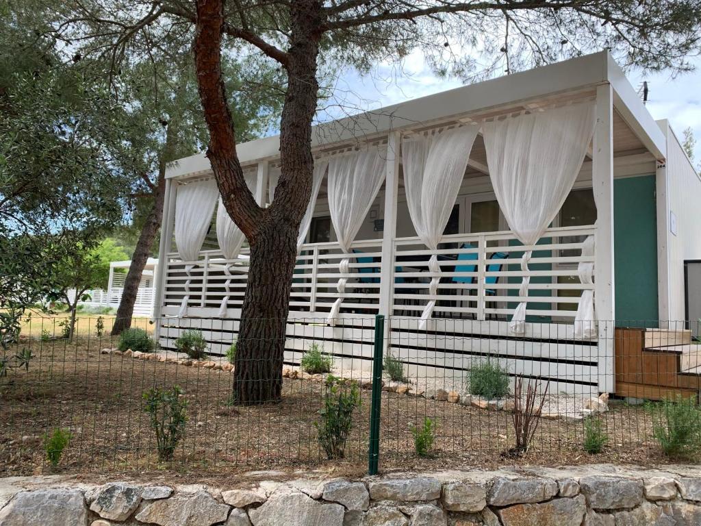 耶泽拉LunaSky Murter Mobile Home的白色的房子,有白色的窗帘和树