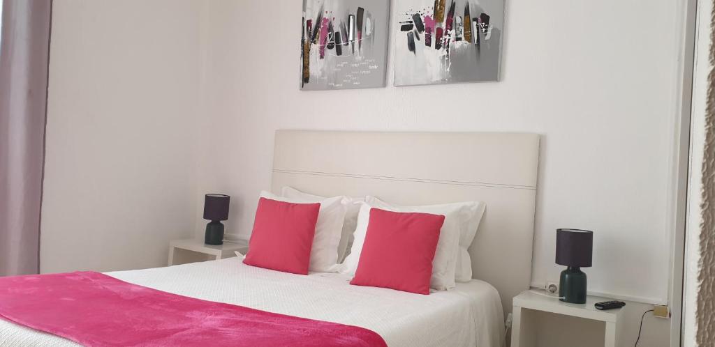 阿威罗Hotel Palmeira的一间卧室配有带粉色和白色枕头的床