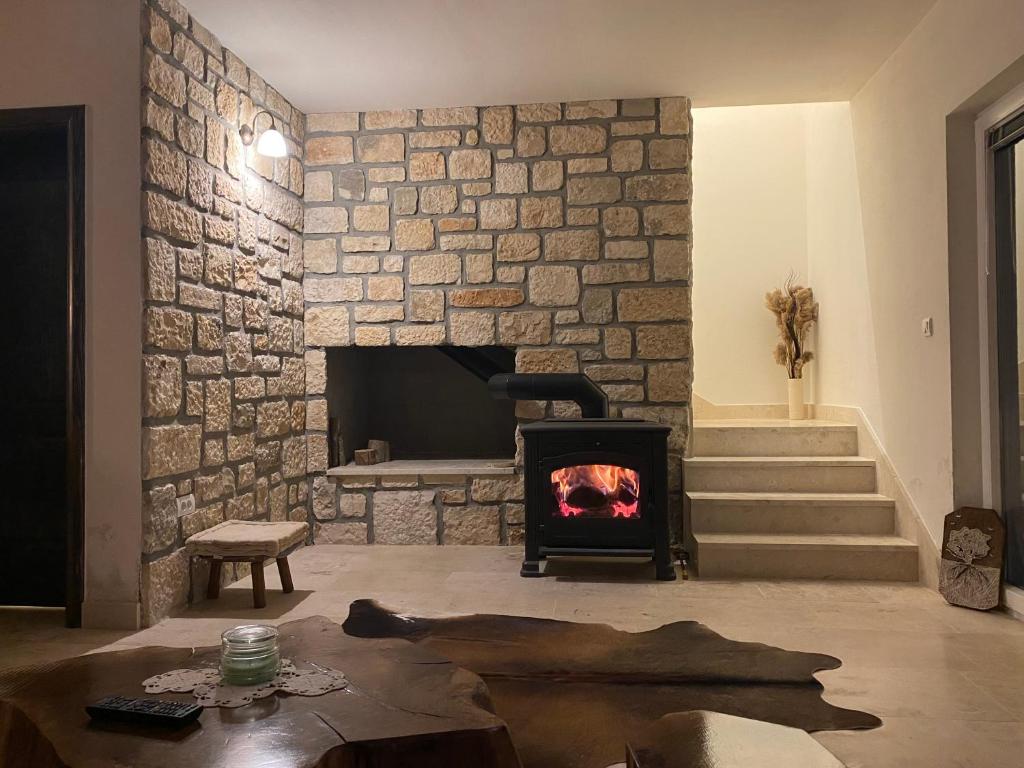 科雷尼察Milka house的客厅设有带壁炉的石墙