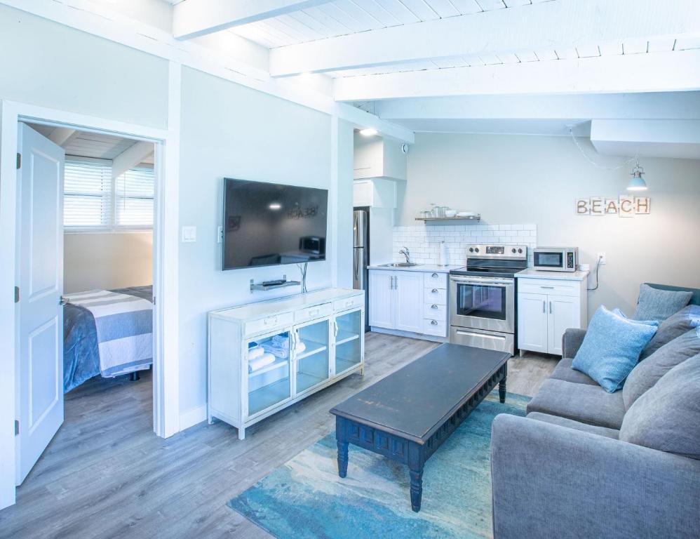 蓝山Boutique Suite #6的带沙发和电视的客厅以及厨房。