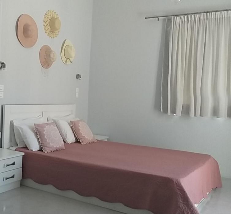 帕罗奇亚Passos Rooms的一张带粉色和白色枕头的床和窗户