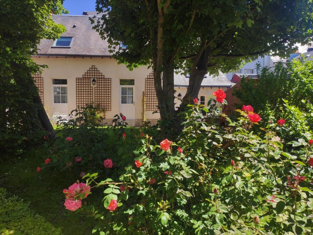 阿姆博斯Les Charmilles的前面有棵树和鲜花的房子