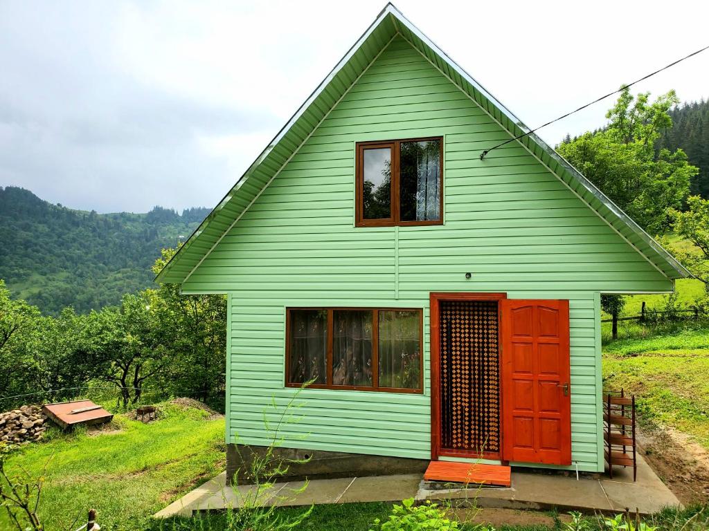PetrashaniСадиба Кичера的山坡上带红色门的绿色房子