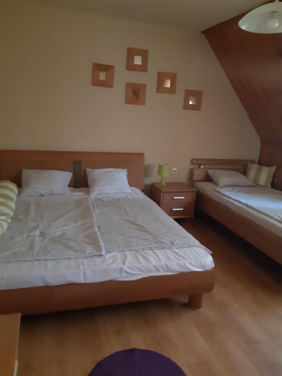 蒂萨菲赖德Pákász Nyaralóház的一间卧室配有两张单人床。