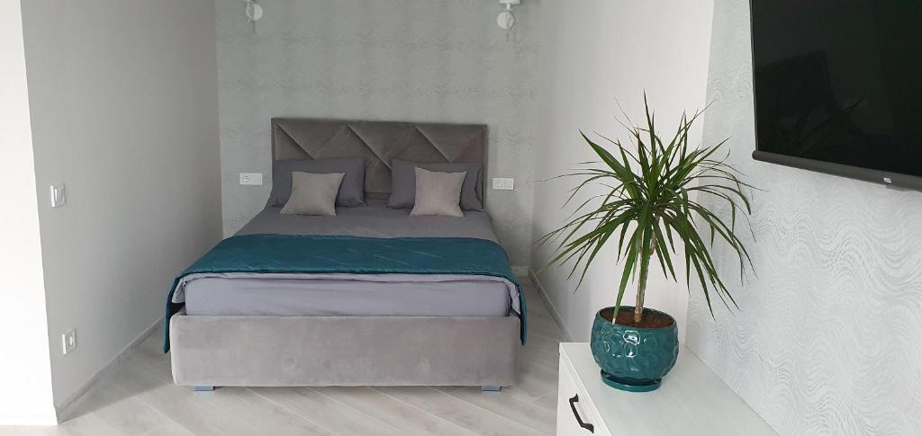 波尔塔瓦Квартира в центре的一间卧室配有一张床和盆栽植物