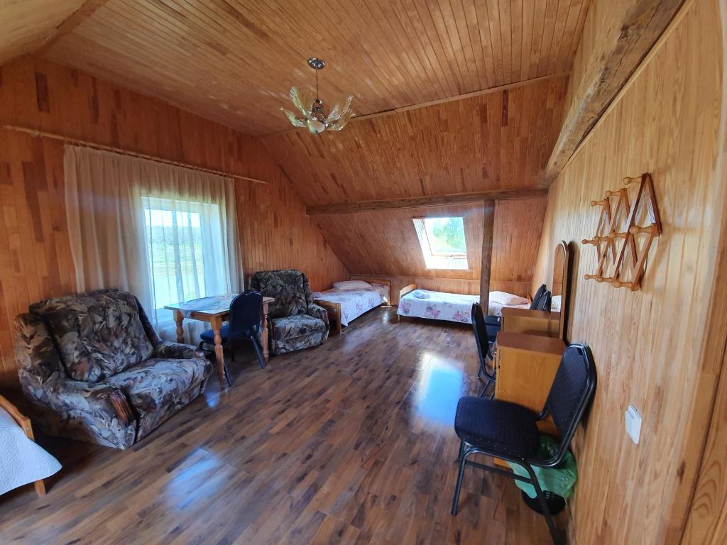 DārteLauku Mājas Ēmužas的小屋内的客厅配有沙发和椅子