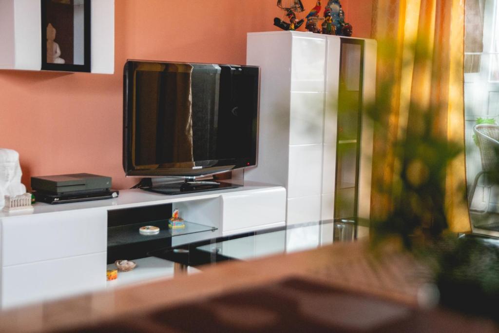 锡比乌Relaxing residence的一间客厅,客厅内配有一台电视,位于白色娱乐中心