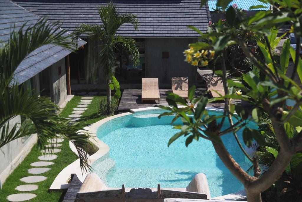 坎古Kano Canggu Loft的棕榈树庭院内的游泳池