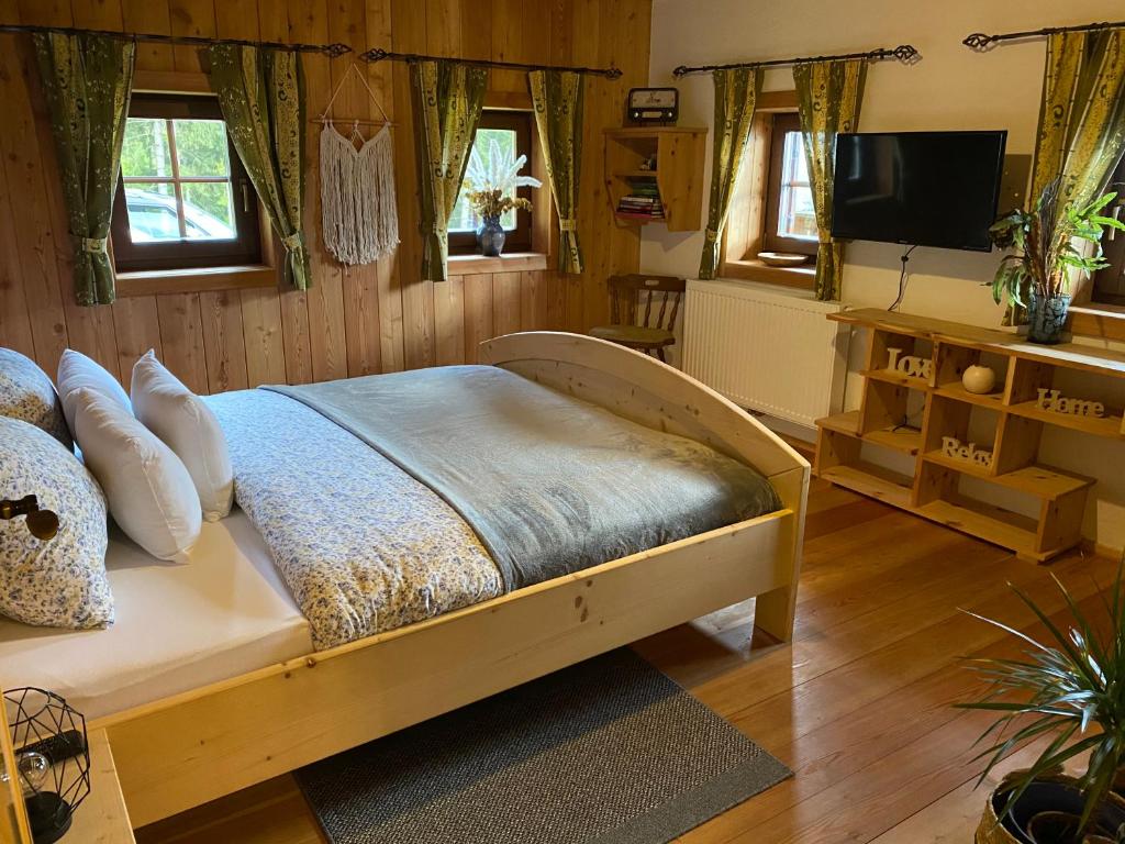 米尔施塔特Reinwalds Almhütte的一间卧室设有一张床、一台电视和窗户。