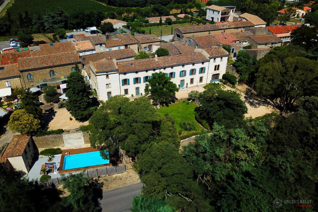 帕拉亚Logis Hôtel Château De Palaja的享有带游泳池的房屋的空中景致