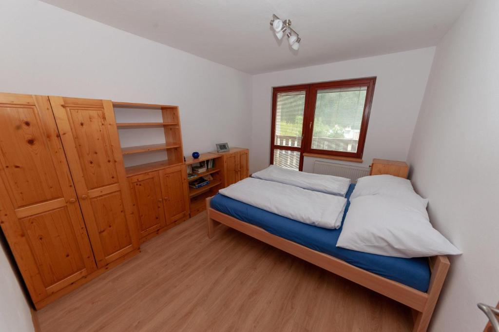 比拉Řadovka Bílá的一间卧室设有一张床和一个窗口