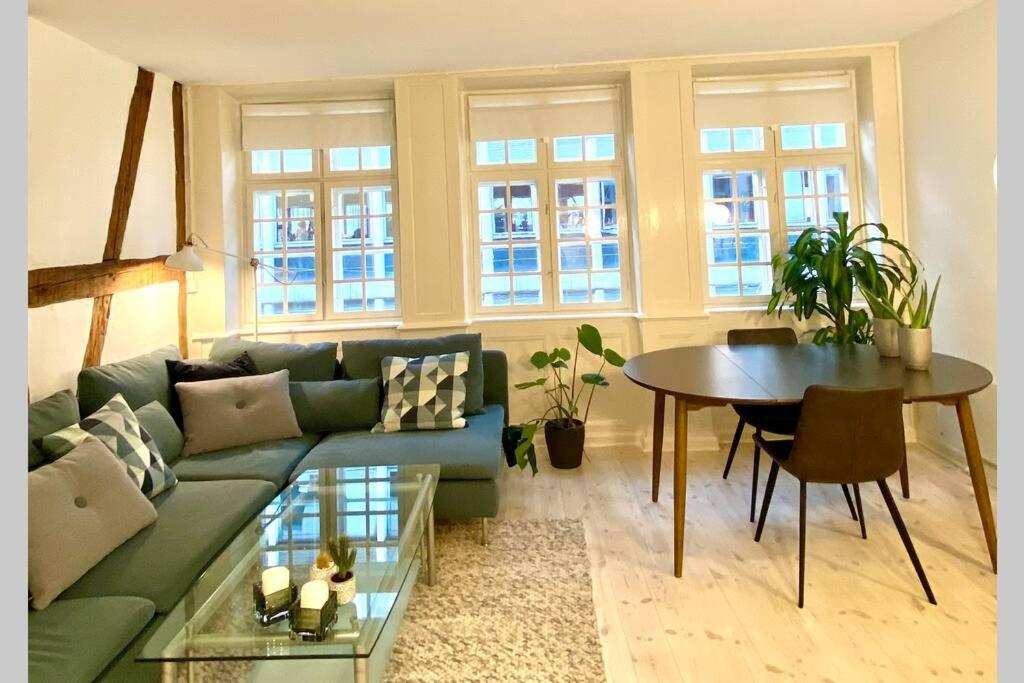哥本哈根Luxury 'Kings Garden' City-Flat In Center Of Town的客厅配有绿色沙发和桌子