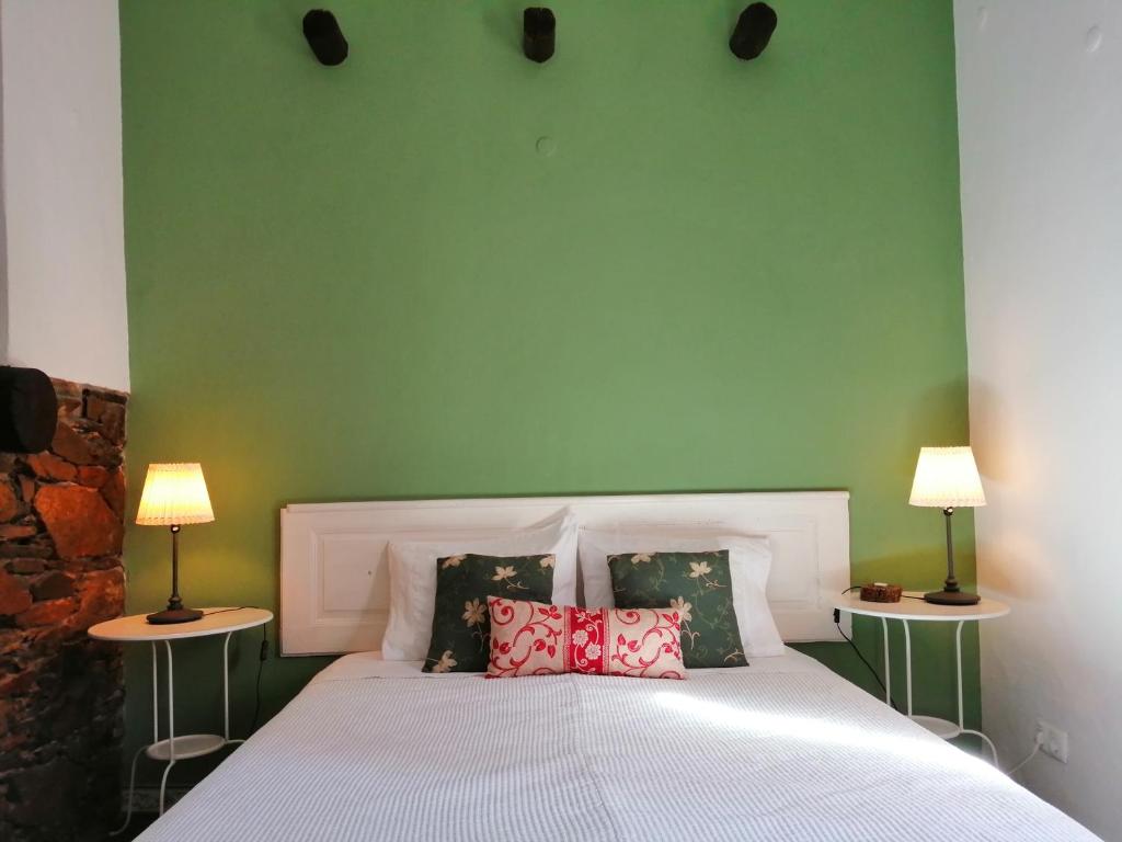 雷根古什-迪蒙萨拉什Casa Monreal的一间卧室配有一张带绿色墙壁的床