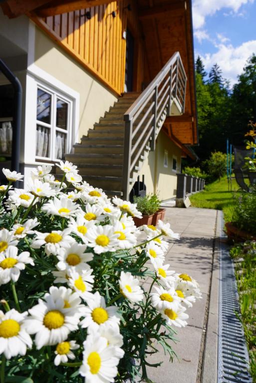 洛伊查赫Ferienwohnung Heidi的大楼前的一束白色和黄色的花