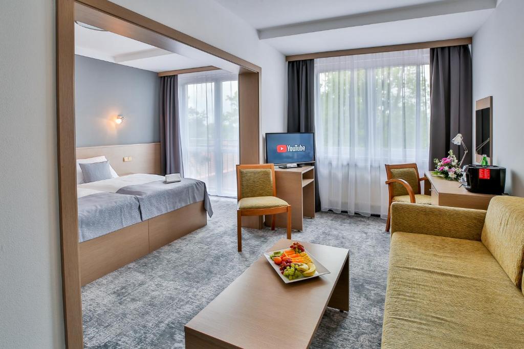 伏尔塔瓦河畔赫卢博卡LH Parkhotel Hluboka Nad Vltavou的酒店客房设有床和客厅。