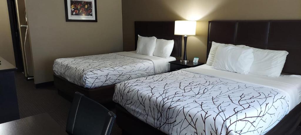 曼哈顿帕克伍德套房酒店的酒店客房设有两张床和一张带台灯的桌子。