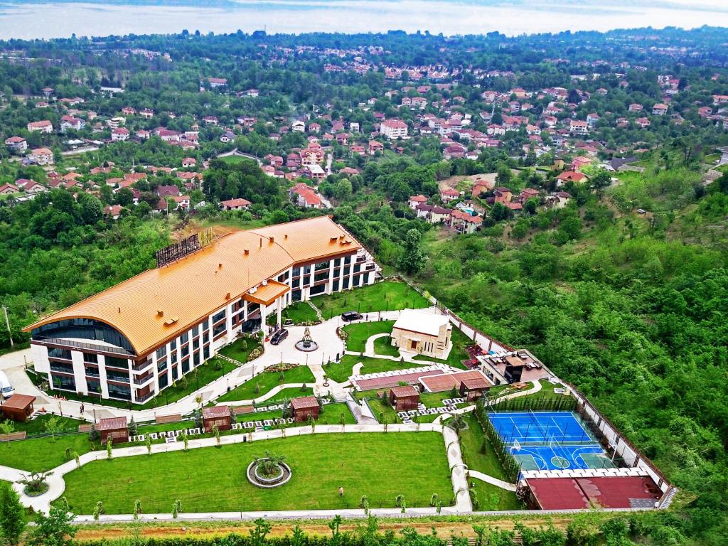 萨潘贾Cabir Deluxe Hotel Sapanca的享有带游泳池的建筑的空中景致